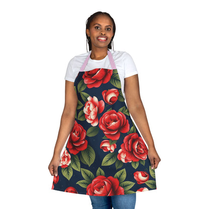 Classic Floral Elegance Apron with Vibrant Red Roses on Navy