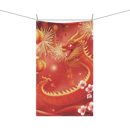 Chinese New Year Majestic Dragon Tea Towel - Red Floral Cotton Decor