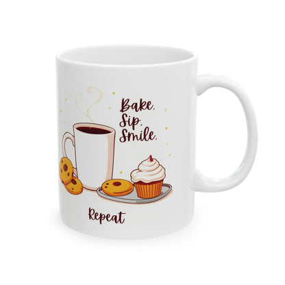 Bake, Sip, Smile, Repeat Mug | Double-Sided Print | 11 oz & 15 oz | 2424 DPI Premium Ceramic Design