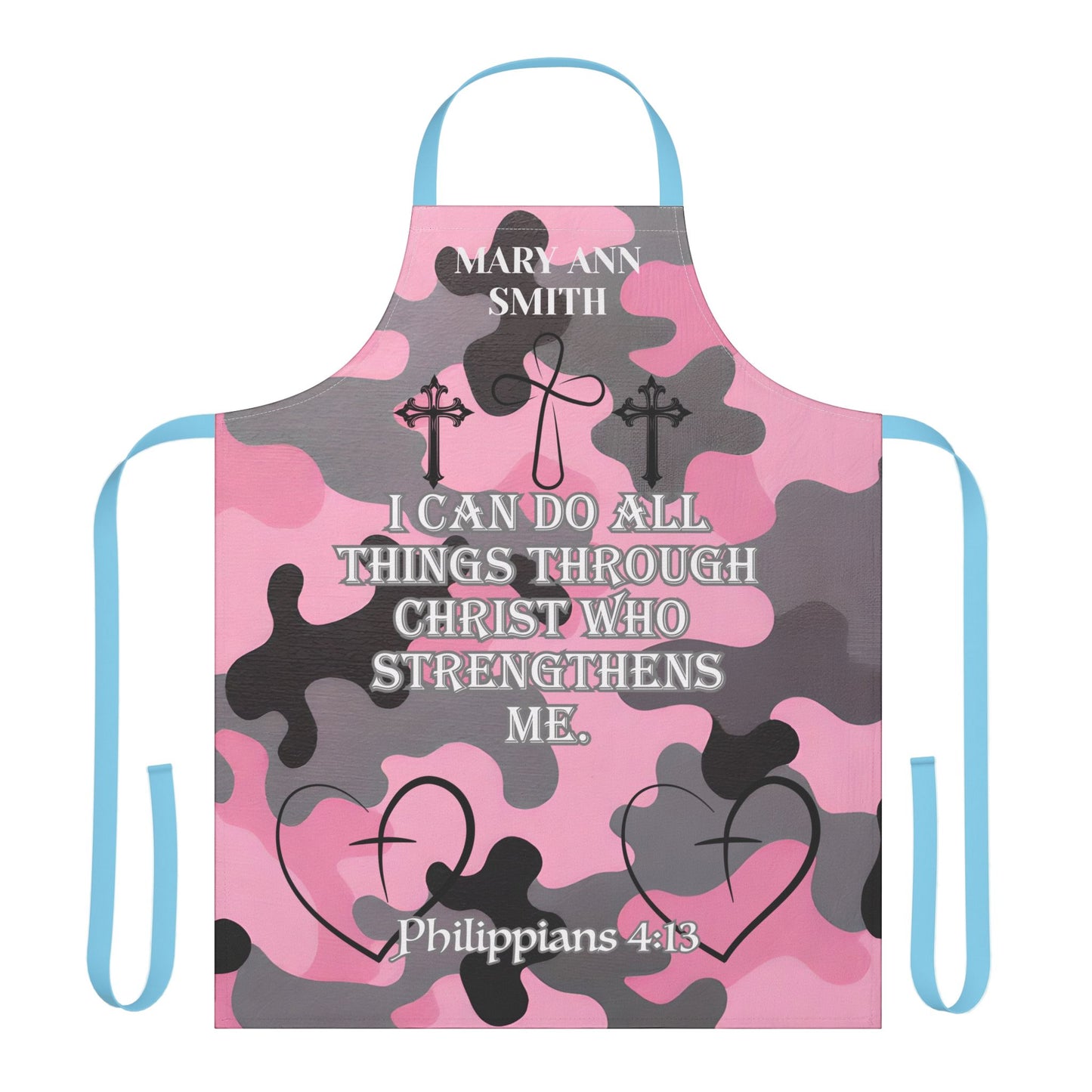 Personalized Faith Wear Christian Pink Camo Apron — "I Can Do All Things Through Christ" Philippians 4:13