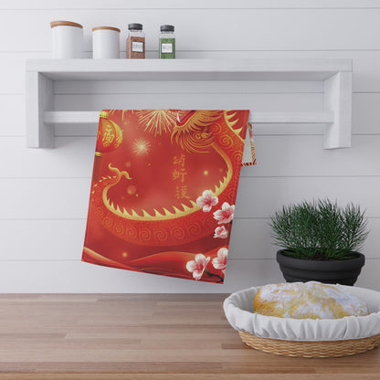 Chinese New Year Majestic Dragon Tea Towel - Red Floral Cotton Decor