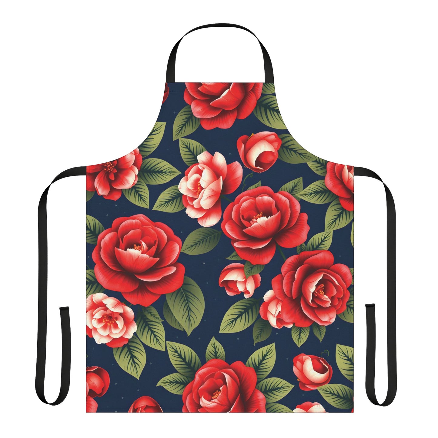 Classic Floral Elegance Apron with Vibrant Red Roses on Navy