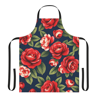 Classic Floral Elegance Apron with Vibrant Red Roses on Navy