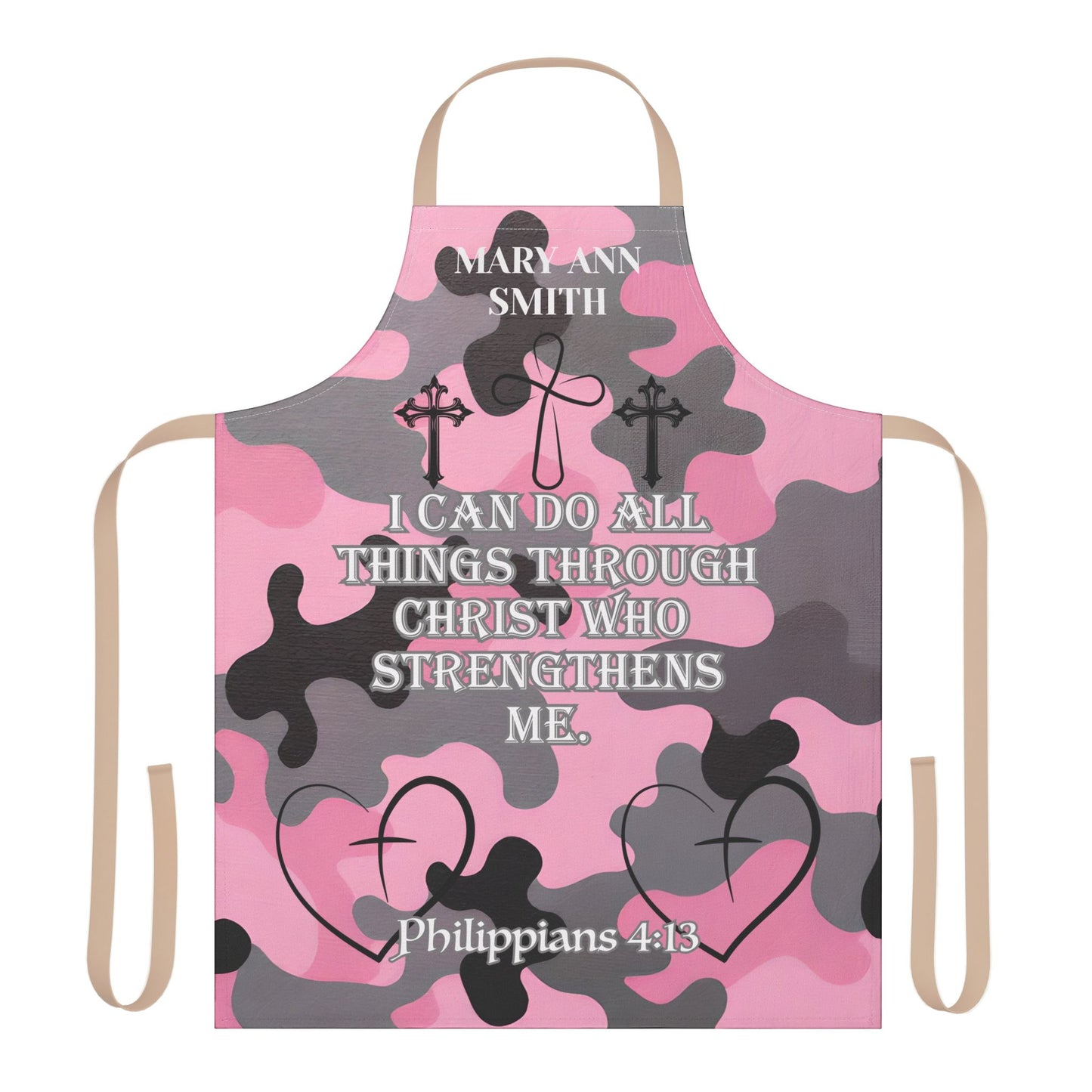 Personalized Faith Wear Christian Pink Camo Apron — "I Can Do All Things Through Christ" Philippians 4:13
