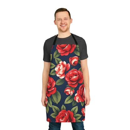 Classic Floral Elegance Apron with Vibrant Red Roses on Navy