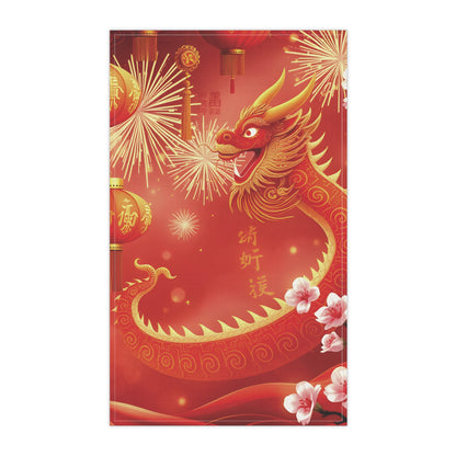 Chinese New Year Majestic Dragon Tea Towel - Red Floral Cotton Decor