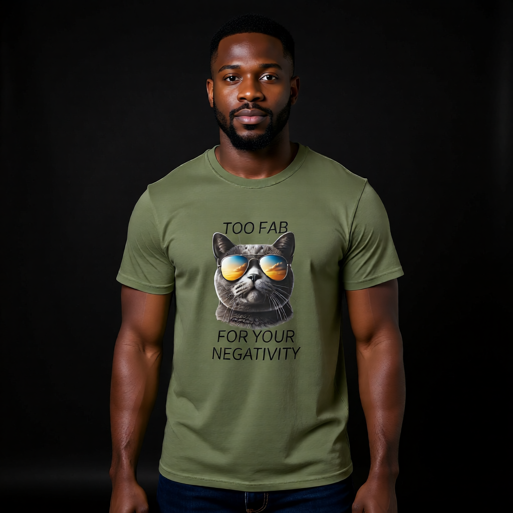 Cat Sunglasses T-Shirt — "Too Fab For Your Negativity" Graphic Tee
