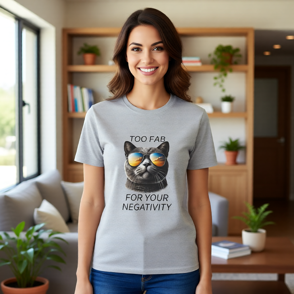 Cat Sunglasses T-Shirt — "Too Fab For Your Negativity" Graphic Tee