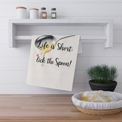 Fun Cotton Tea Towels - "Life is Short, lick the Spoon!" - Whimsical Kitchen Decor