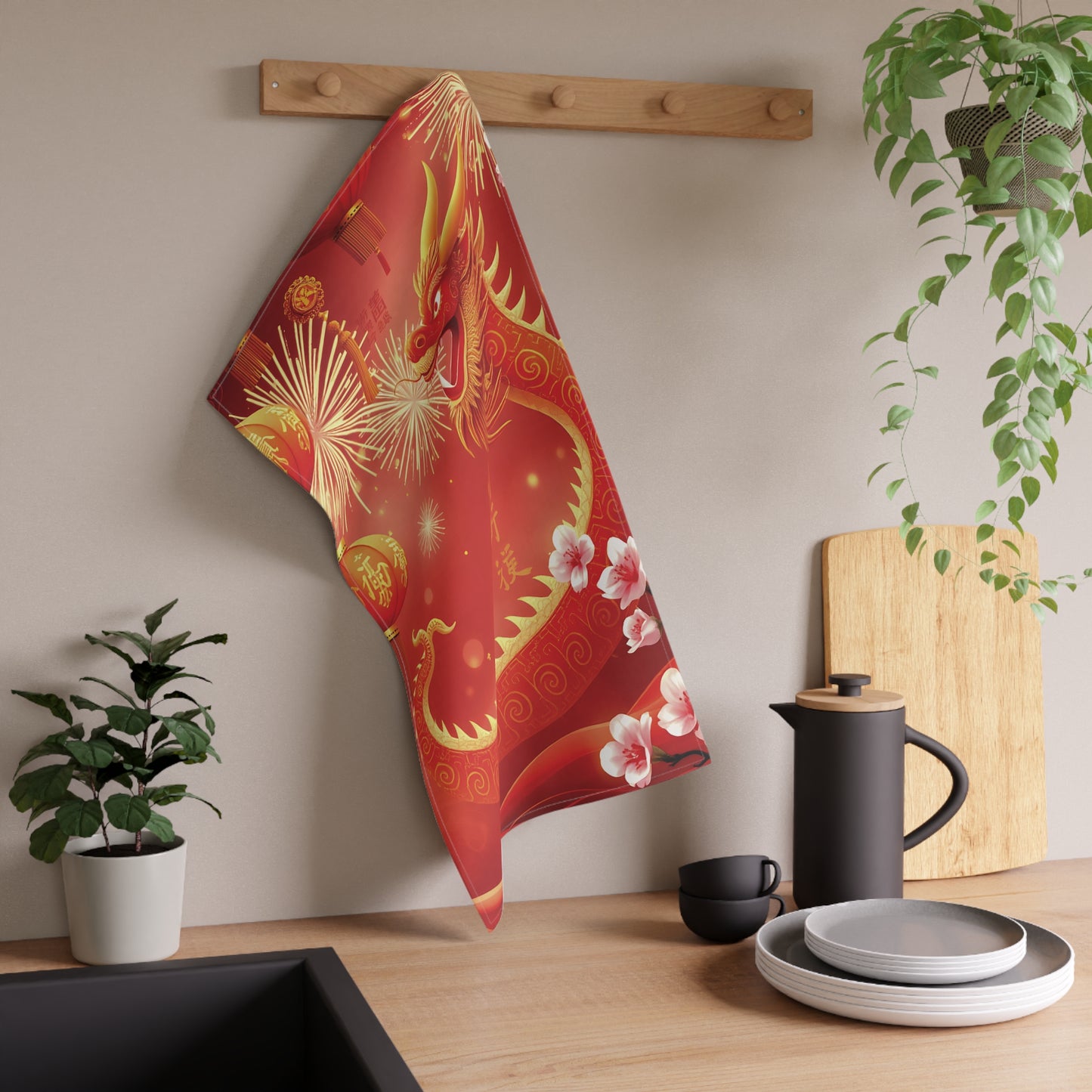 Chinese New Year Majestic Dragon Tea Towel - Red Floral Cotton Decor