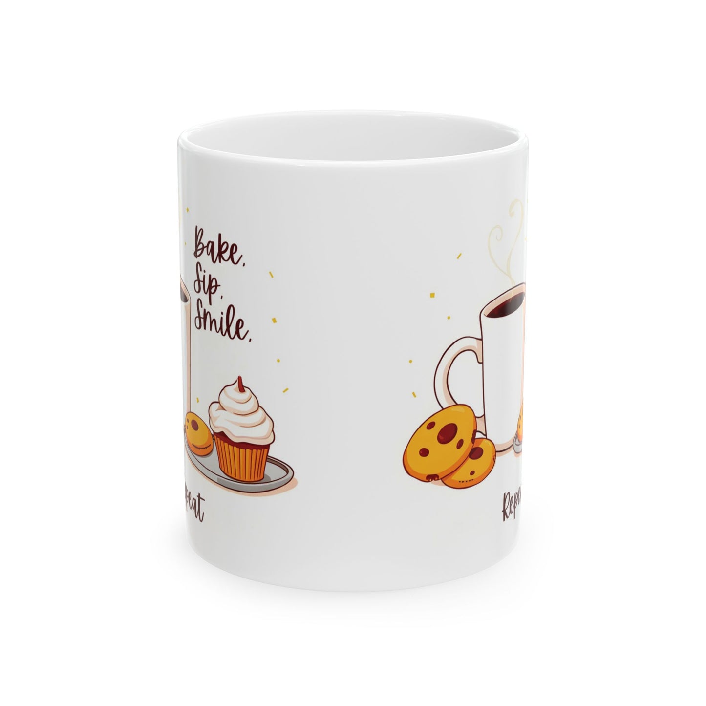 Bake, Sip, Smile, Repeat Mug | Double-Sided Print | 11 oz & 15 oz | 2424 DPI Premium Ceramic Design