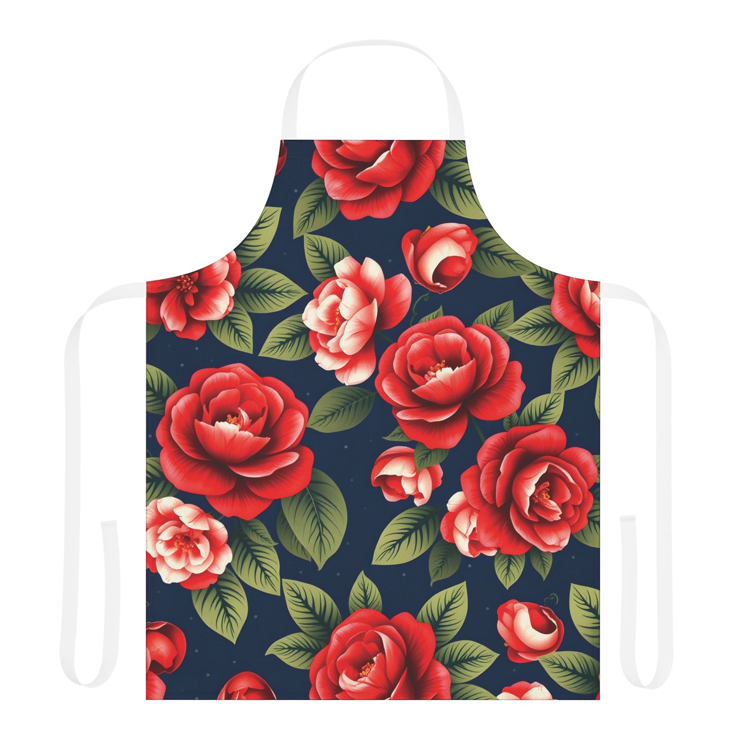 Classic Floral Elegance Apron with Vibrant Red Roses on Navy