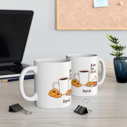 Bake, Sip, Smile, Repeat Mug | Double-Sided Print | 11 oz & 15 oz | 2424 DPI Premium Ceramic Design