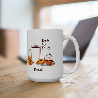 Bake, Sip, Smile, Repeat Mug | Double-Sided Print | 11 oz & 15 oz | 2424 DPI Premium Ceramic Design