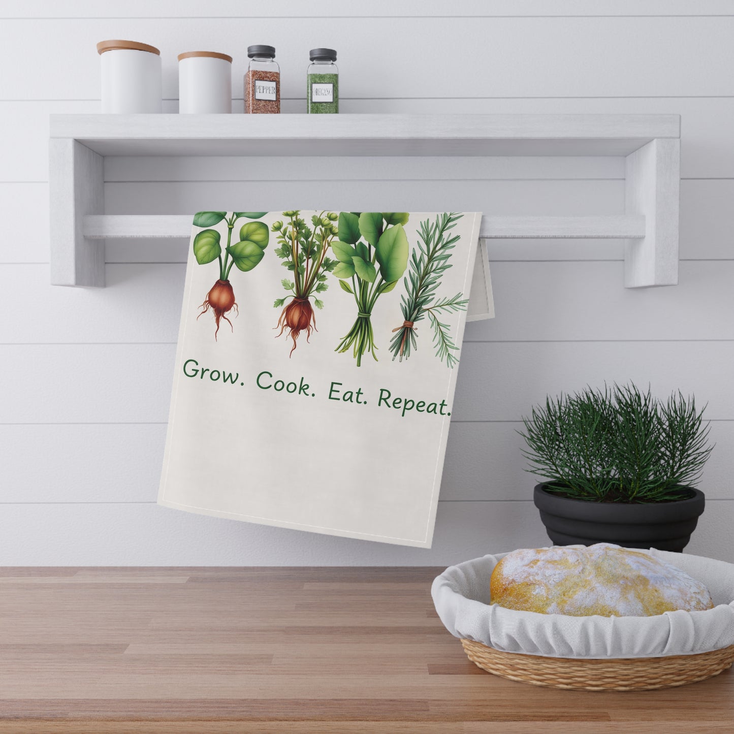 Herb Garden Tea Towels - Grow, Cook, Eat, Repeat - Kitchen Decor for Home Chefs - Vibrant Garden-Inspired Print