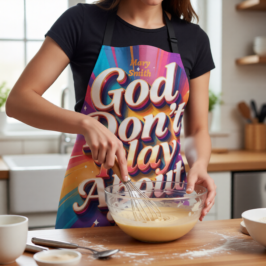 Personalized Faith Wear Apron — “God Don’t Play About Me” Colorful Statement Kitchen Apron